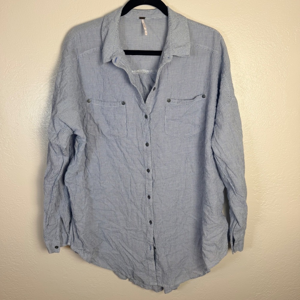 Free People Women S Blue Gingham Button Down Shirt Oversized Cotton Blend